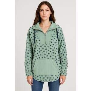 Chor Women’s Teal Palm Tree Pattern Pull Over Jacket Drawstring Waist Hood Large